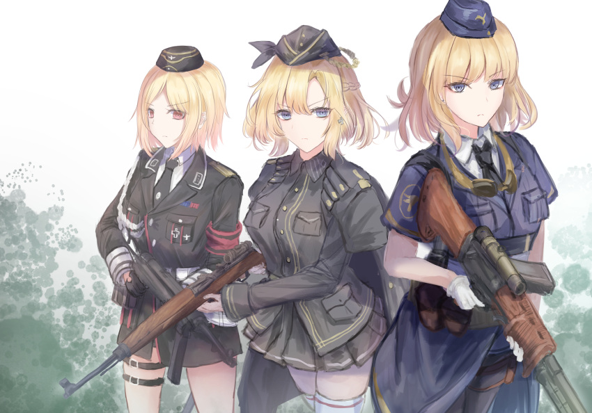 3girls absurdres battle_rifle black_gloves black_headwear black_jacket black_necktie black_pantyhose black_shirt black_skirt blonde_hair blue_eyes blue_headwear blue_jacket blue_skirt braid breasts brown_eyes closed_mouth commentary commentary_request cross cross_earrings earrings english_commentary fg42 fg42_(girls'_frontline) french_braid g43_(girls'_frontline) garrison_cap gewehr_43 girls'_frontline gloves goggles goggles_around_neck gun hat highres holding holding_gun holding_weapon iron_cross jacket jacket_on_shoulders jewelry large_breasts light_frown long_sleeves looking_at_viewer martinreaction medium_hair military military_hat military_uniform mixed-language_commentary mp40 mp40_(girls'_frontline) multiple_girls necktie pantyhose red_armband rifle saber_(weapon) scope shirt short_hair short_sleeves skirt submachine_gun sword thigh_strap thighhighs uniform v-shaped_eyebrows weapon white_gloves white_shirt white_thighhighs