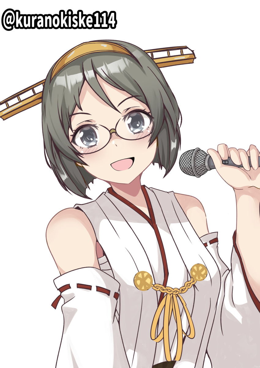 1girl absurdres black_hair detached_sleeves glasses green-framed_eyewear grey_eyes hairband headgear highres japanese_clothes kantai_collection kirishima_(kancolle) kurano_kisuke microphone nontraditional_miko one-hour_drawing_challenge ribbon-trimmed_sleeves ribbon_trim sarashi short_hair simple_background solo twitter_username upper_body white_background