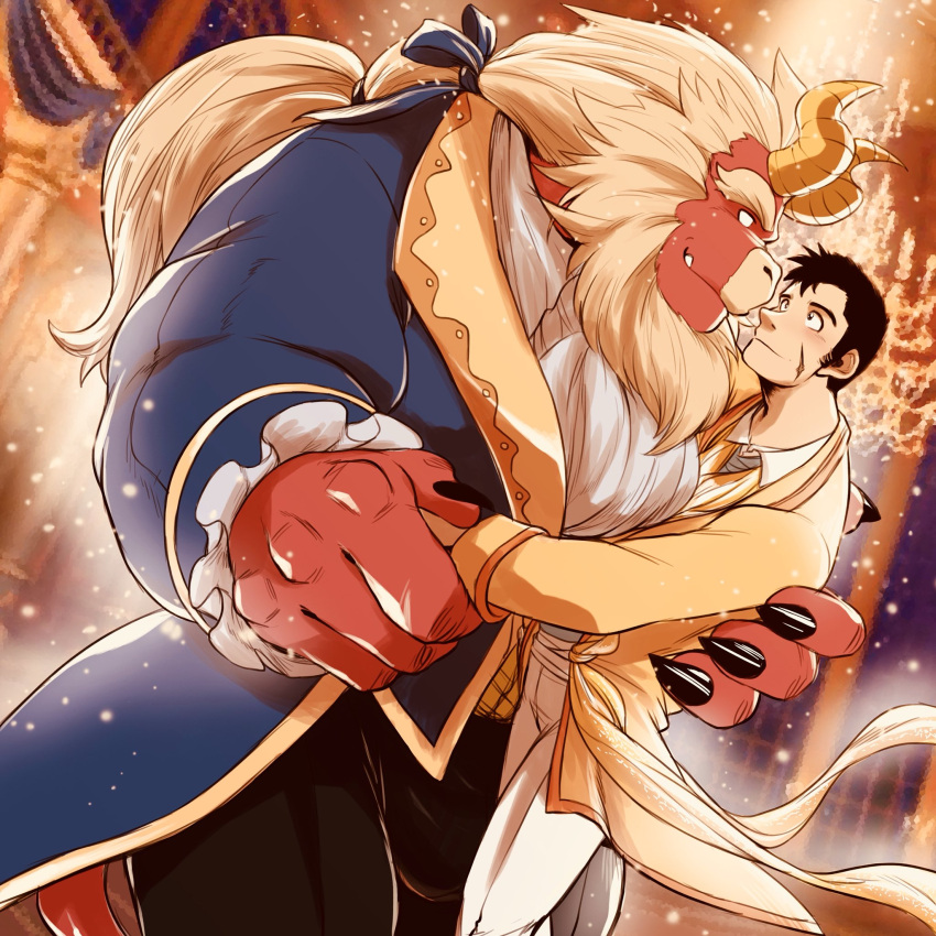 2boys alternate_costume bara beard beauty_and_the_beast black_hair blank_eyes blue_coat blush bulge chandelier coat colored_skin curled_horns dancing demon_boy demon_horns dutch_angle eye_contact facial_hair feet_out_of_frame fewer_digits forked_eyebrows furry furry_male furry_with_non-furry gardie_(otsukimi) hands_on_another's_back highres horns huge_eyebrows interspecies jacket kouhei_(otsukimi) large_bulge large_hands lion_hair looking_at_another male_focus multiple_boys muscular muscular_male original otsukimi pants red_skin royal_robe scene_reference short_hair sideburns sideburns_stubble size_difference thick_eyebrows white_pants yaoi yellow_jacket