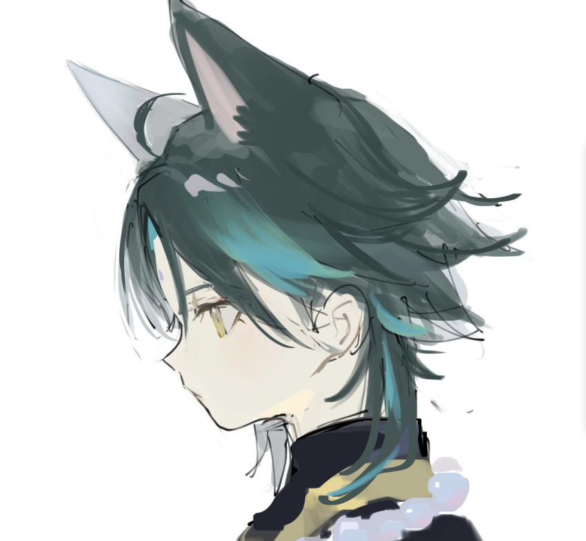 1boy ahoge animal_ears bead_necklace beads cat_ears closed_mouth genshin_impact green_hair highres jewelry male_focus multicolored_hair necklace nokoru_sora portrait profile simple_background solo streaked_hair white_background xiao_(genshin_impact) yellow_eyes