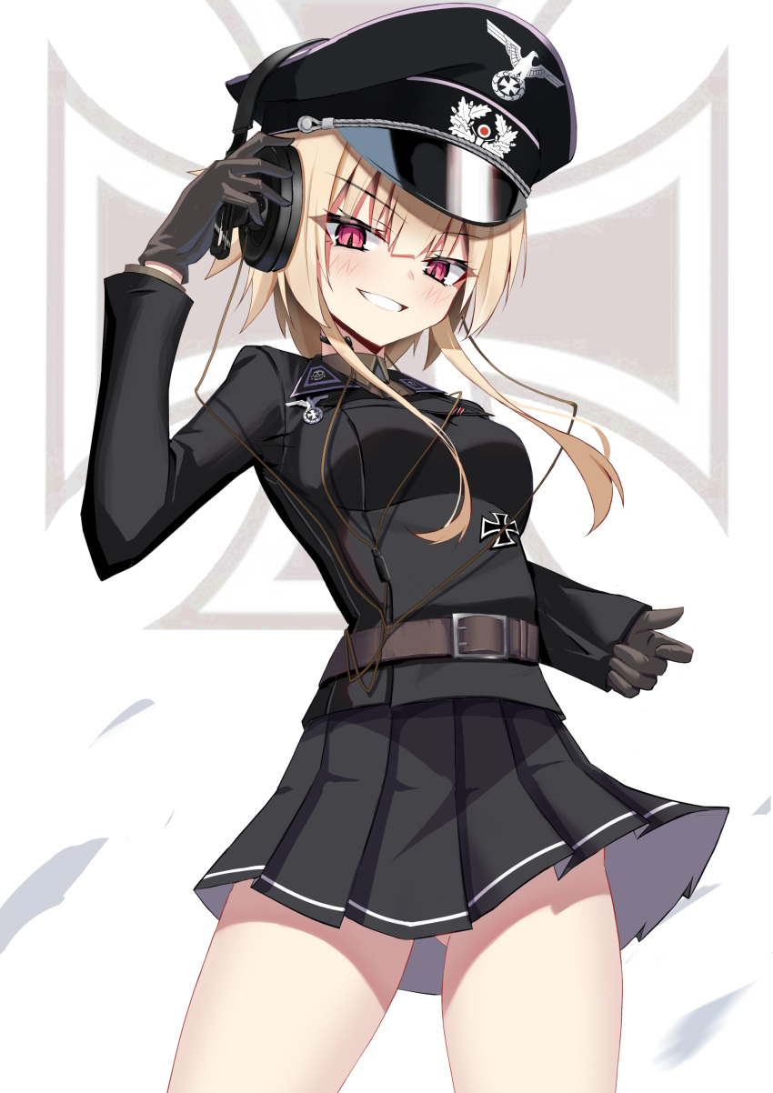 1girl absurdres belt black_gloves blonde_hair brown_gloves cross gloves grin hat headphones highres iron_cross jiseki_rena looking_at_viewer military_uniform nazi original peaked_cap red_eyes reichsadler rena_(jiseki_rena) short_hair_with_long_locks skirt smile solo throat_microphone totenkopf tsurime uniform white_background