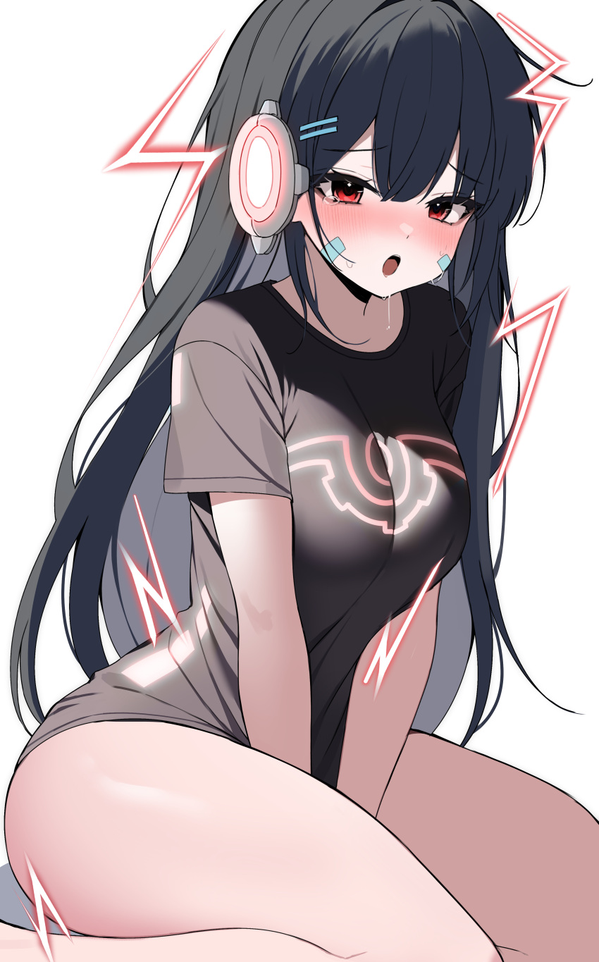 1girl :o absurdres arms_between_legs black_hair black_shirt blush bottomless breasts chimyo commentary_request drooling headphones highres korean_commentary large_breasts lightning long_hair looking_at_viewer maplestory open_mouth red_eyes saliva shirt short_sleeves simple_background sitting solo t-shirt tearing_up wariza white_background xenon_(maplestory)