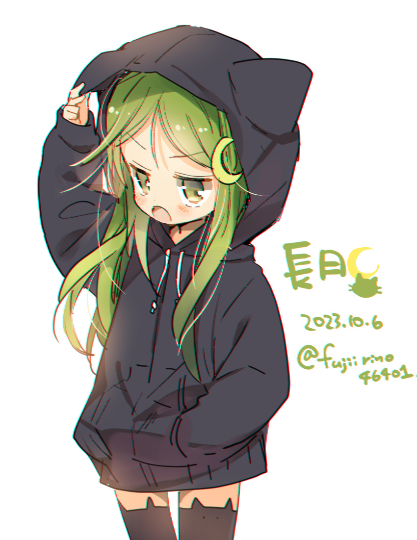 1girl animal_ear_legwear animal_hood black_jacket black_thighhighs cat_ear_legwear cat_hood character_name cowboy_shot dated fujii_rino green_eyes green_hair hand_in_pocket highres hood hooded_jacket jacket kantai_collection long_hair looking_at_viewer nagatsuki_(kancolle) simple_background solo thighhighs twitter_username white_background