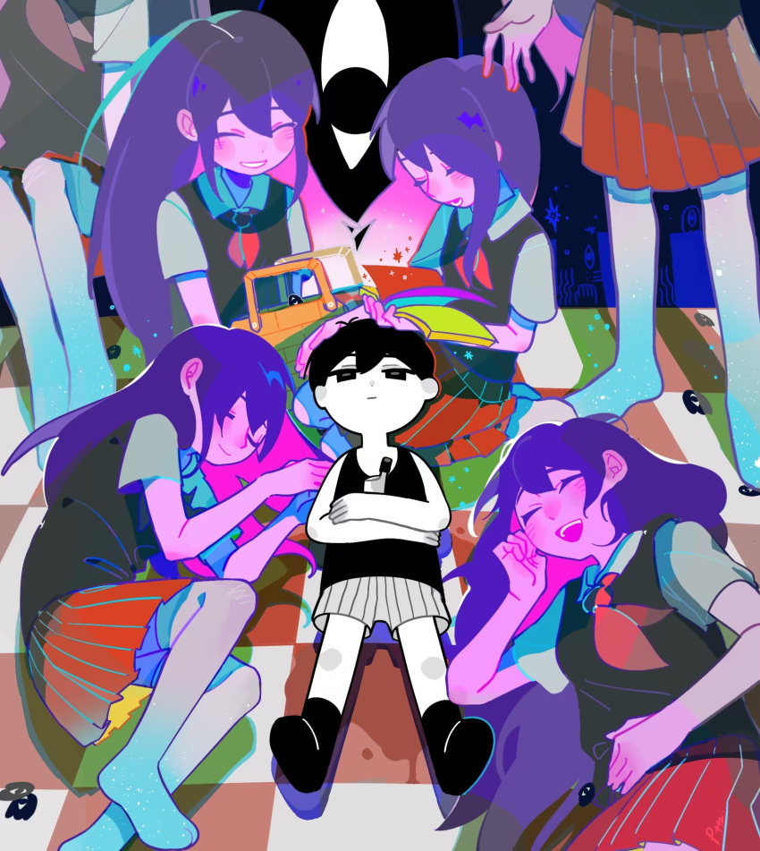 1boy 6+girls black_eyes black_hair black_socks checkered_blanket closed_mouth collared_shirt colored_skin expressionless highres holding holding_knife knife lying mari_(omori) multiple_girls neckerchief omori on_back open_mouth picnic_basket pleated_skirt purple_hair putao_tao_zi red_neckerchief red_skirt shirt short_hair short_sleeves skirt socks solo something_(omori) sunny_(omori) tank_top white_shirt white_skin