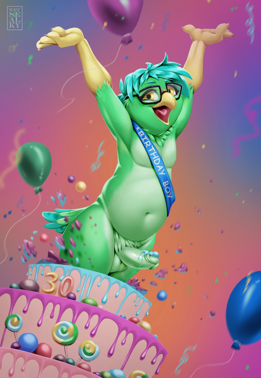 absurd_res anthro avian balloon balls bird birthday birthday_cake cake casual_nudity dessert erection eyewear feathers food genitals glasses green_body green_feathers hi_res inflatable male mostly_nude mostly_nude_anthro mostly_nude_male parakeet parrot patrigue penis pubes pubic_feathers sash slightly_chubby solo streamers stripper surprise talons true_parrot wetsealky yellow_eyes
