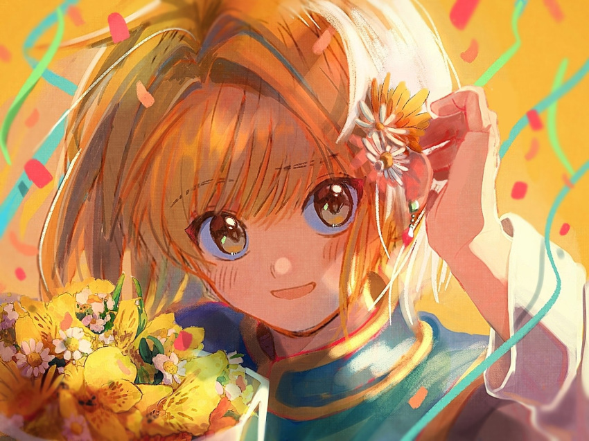 1boy blonde_hair blue_tabard blush bouquet brown_eyes confetti crystal_earrings daisy earrings flower hair_flower hair_ornament hand_up highres holding holding_bouquet hunter_x_hunter jewelry kurapika long_sleeves male_focus portrait short_hair simple_background solo sparkling_eyes tabard thicopoyo white_flower yellow_background yellow_flower