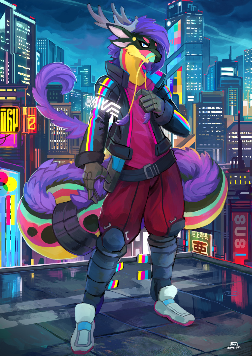 2023 absurd_res anthro bottomwear building city clothing cyberpunk dragon footwear future hi_res jacket long_tail male pants plive rooftop shoes skyscraper solo tail topwear wingless_dragon