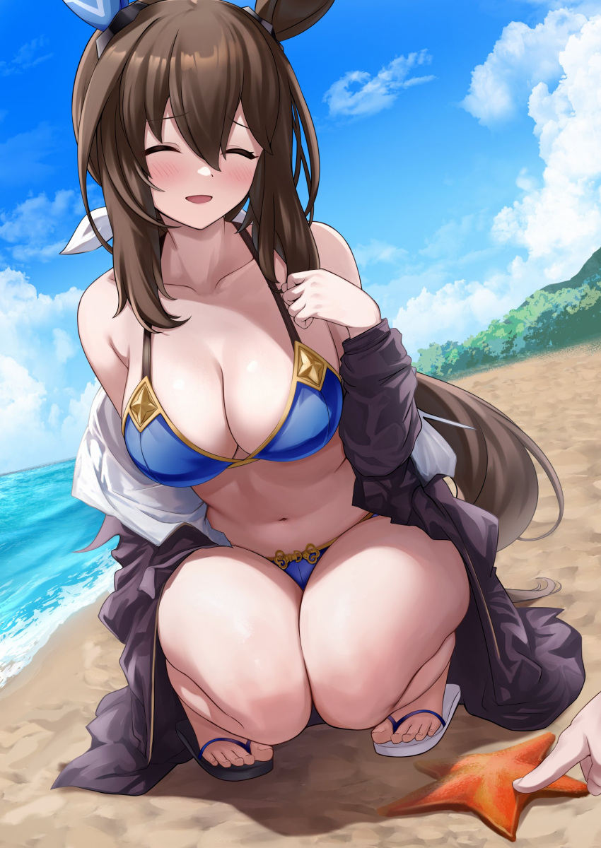 1girl :d ^_^ absurdres animal_ears bare_shoulders beach bikini black_jacket blue_bikini blue_sky blush brown_hair character_request closed_eyes cloud commentary_request day herohero_(higashi_no_dou) highres horse_ears jacket long_hair long_sleeves navel off_shoulder open_clothes open_jacket open_mouth sky smile solo_focus squatting stomach swimsuit thighs umamusume