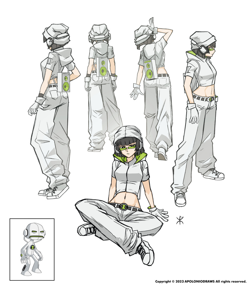 absurdres apoloniodraws beanie belt ben_10 black_eyes black_hair echo_echo_(ben_10) glasses gloves hat headphones highres midriff multiple_girls omnitrix personification shoes short_hair sneakers speaker sweater white_sweater