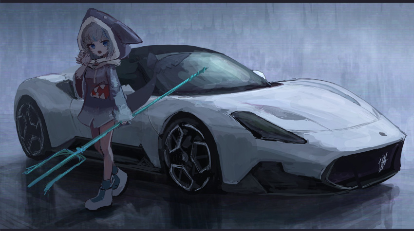 1girl animal_hood blue_eyes boots car claw_pose gawr_gura grey_hair highres holding_trident hololive hololive_english hood hood_up looking_at_viewer maserati maserati_mc20 motor_vehicle open_mouth shark_hood shiyo_tsubame sketch smile sports_car standing vehicle_focus virtual_youtuber white_footwear