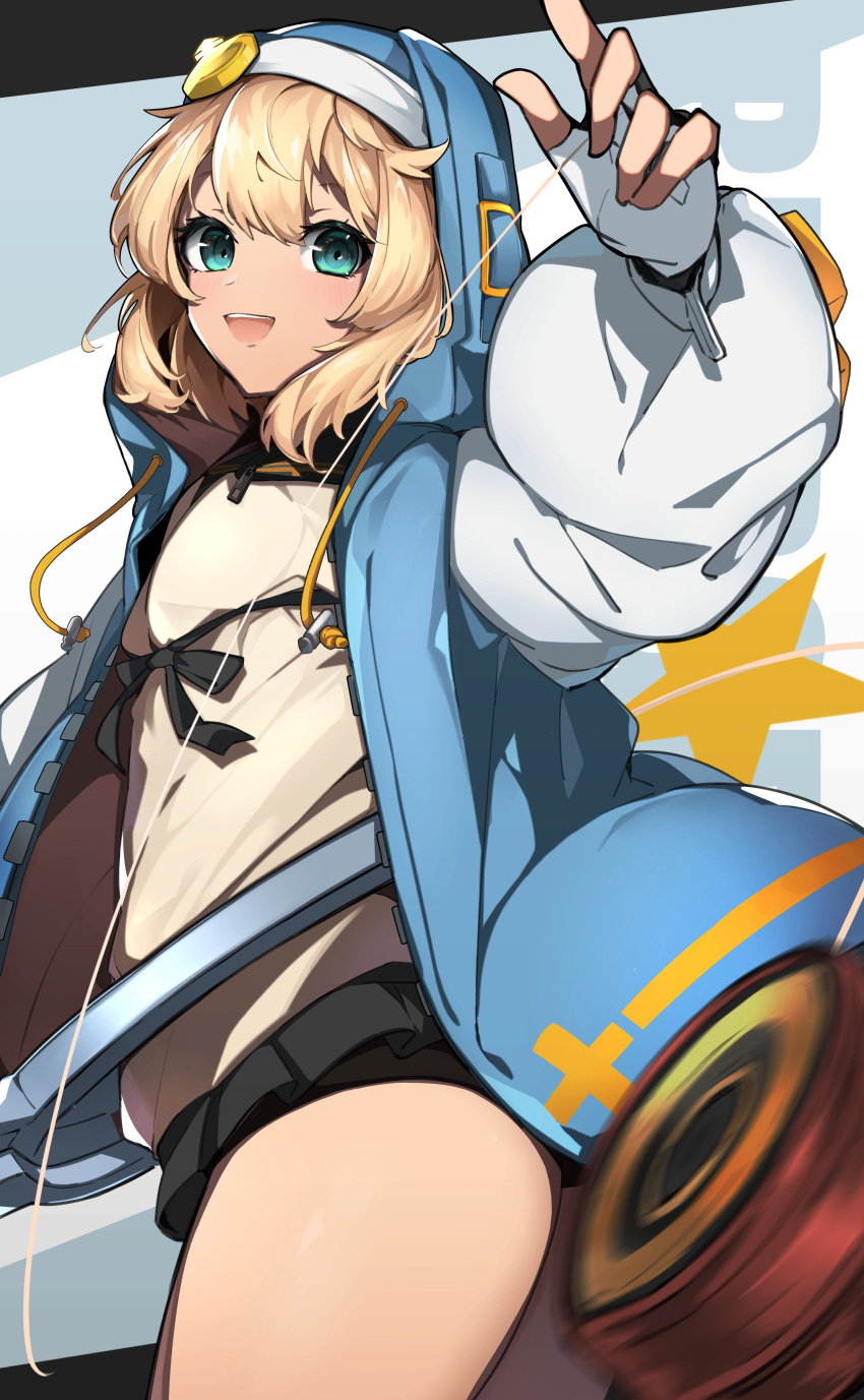 1boy absurdres androgyne_symbol aqua_eyes bike_shorts_under_skirt black_gloves blonde_hair bridget_(guilty_gear) cuffs fingerless_gloves gloves guchikawa_(kimagurep) guilty_gear guilty_gear_strive habit handcuffs highres hood hood_up hooded_jacket hoodie jacket long_sleeves looking_at_viewer male_focus medium_hair open_clothes open_hoodie open_mouth otoko_no_ko puffy_long_sleeves puffy_sleeves smile yo-yo