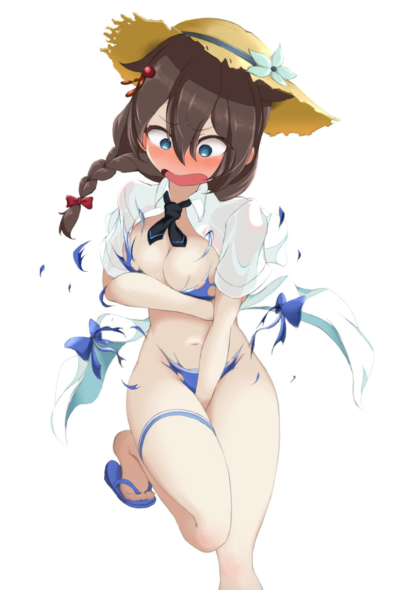 1girl blue_eyes blush braid breasts brown_hair cleavage embarrassed flower hat hat_flower highres kantai_collection not_silicagel open_mouth shigure_(kancolle) shigure_kai_san_(kancolle) slippers solo standing standing_on_one_leg sun_hat thigh_strap torn_clothes white_background