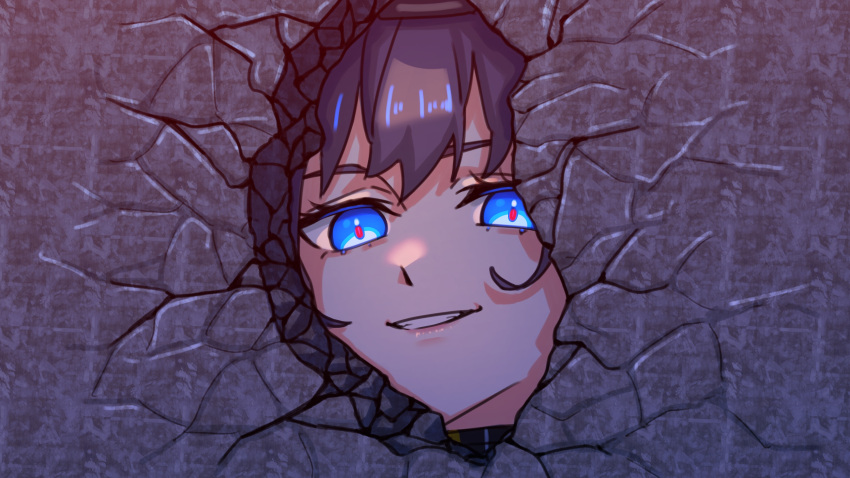 1girl black_hair blue_eyes crack cracked_wall grin highres hole_in_wall hololive hololive_english looking_at_viewer ouro_kronii red_pupils smile solo teeth virtual_youtuber wall yuutomeh