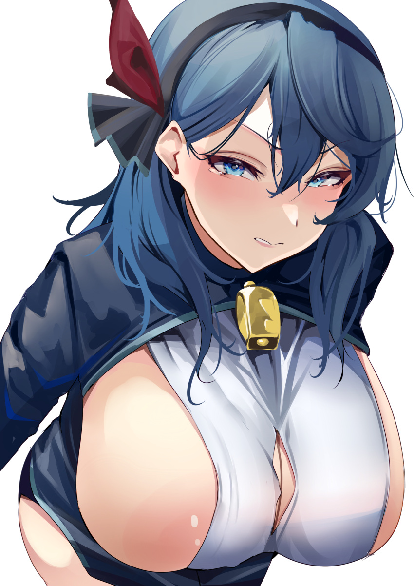 1girl absurdres ako_(blue_archive) areola_slip bell blue_archive blue_eyes blue_hair blush breasts hair_ornament hairband highres leaning_forward long_sleeves looking_at_viewer medium_hair namazu_(yamasonson) parted_lips sideboob simple_background solo tearing_up white_background