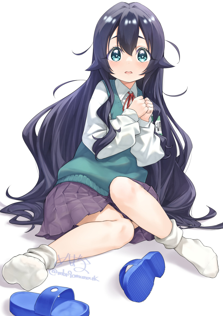 1girl absurdres aqua_eyes aqua_vest blue_footwear blue_hair feet full_body hair_between_eyes hands_up highres kimi_no_koto_ga_dai_dai_dai_dai_daisuki_na_100-nin_no_kanojo long_hair long_sleeves looking_at_viewer mbr90munouk miniskirt neck_ribbon no_shoes on_ground own_hands_together pleated_skirt purple_skirt red_ribbon ribbon sandals school_uniform shirt signature simple_background sitting skirt socks soles solo toes twitter_username unworn_sandals very_long_hair white_background white_shirt white_socks yoshimoto_shizuka