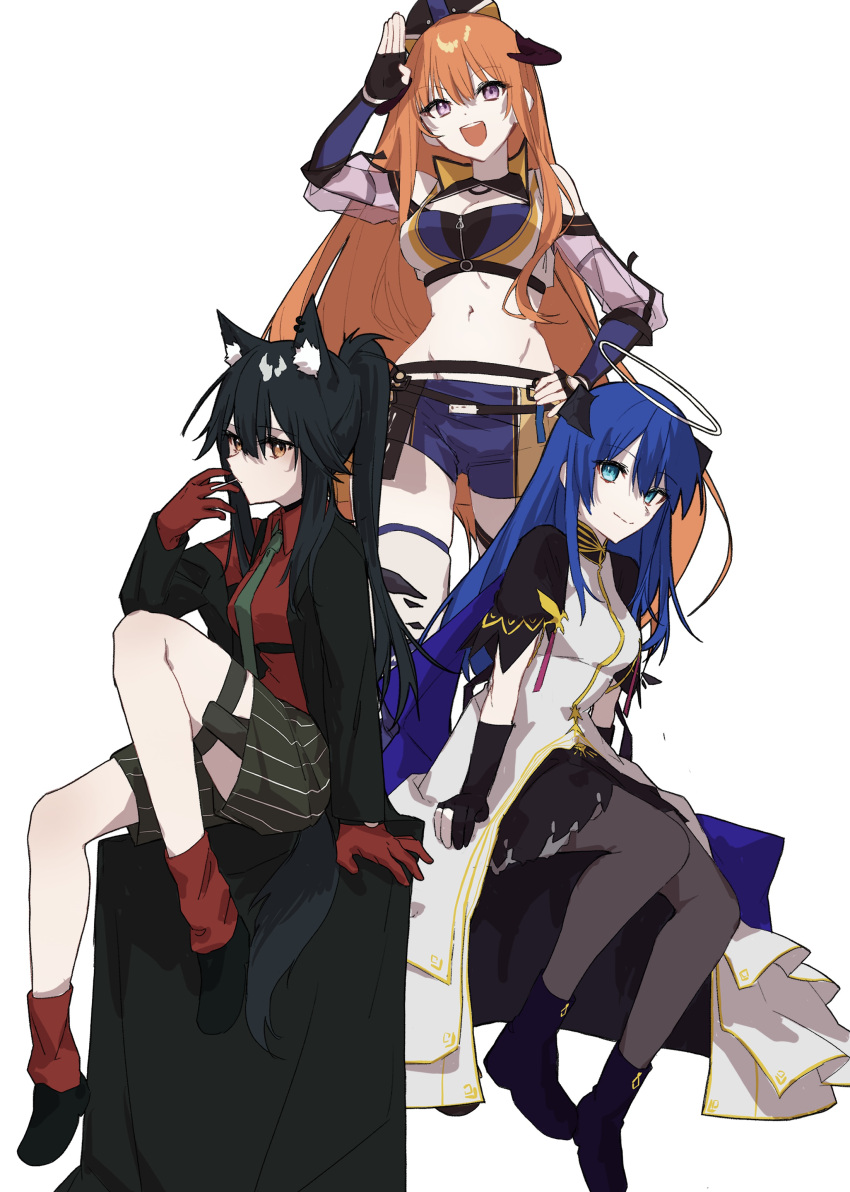 3girls absurdres animal_ears arknights arm_support bagpipe_(arknights) bagpipe_(queen_no._1)_(arknights) black_footwear black_gloves black_hair black_jacket black_pants black_pantyhose black_skirt black_wings blue_eyes blue_hair blue_shorts breasts cigarette cleavage clothing_cutout commentary crop_top demon_horns detached_wings dragon_girl dragon_horns dress feet_out_of_frame full_body gloves goma_74umai grey_necktie halo head_tilt highres horns jacket large_breasts light_frown long_hair long_sleeves looking_at_viewer medium_breasts mostima_(arknights) mostima_(spellbreaker)_(arknights) multiple_girls necktie official_alternate_costume open_clothes open_jacket open_mouth orange_eyes orange_hair pants pantyhose partially_fingerless_gloves ponytail purple_eyes red_gloves red_shirt red_socks salute shirt shorts shoulder_cutout sidelocks simple_background sitting skirt smile smoking socks stomach teeth texas_(arknights) texas_(willpower)_(arknights) thigh_strap upper_teeth_only white_background white_dress wings wolf_ears wolf_girl zipper