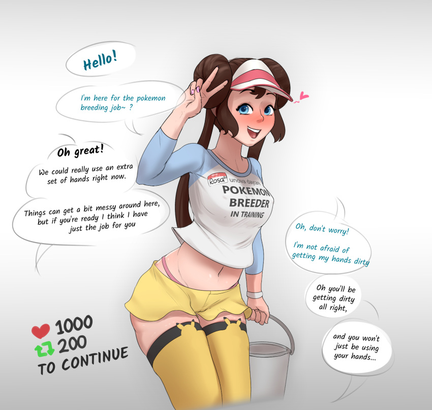 5_fingers biped blue_eyes brown_hair bucket clothed clothing comic container english_text eyebrows female fingers gesture hair hi_res human human_only mammal nintendo not_furry open_mouth open_smile pokemon rosa_(pokemon) smile solo text text_on_clothing text_on_topwear topwear v_sign zebcrush