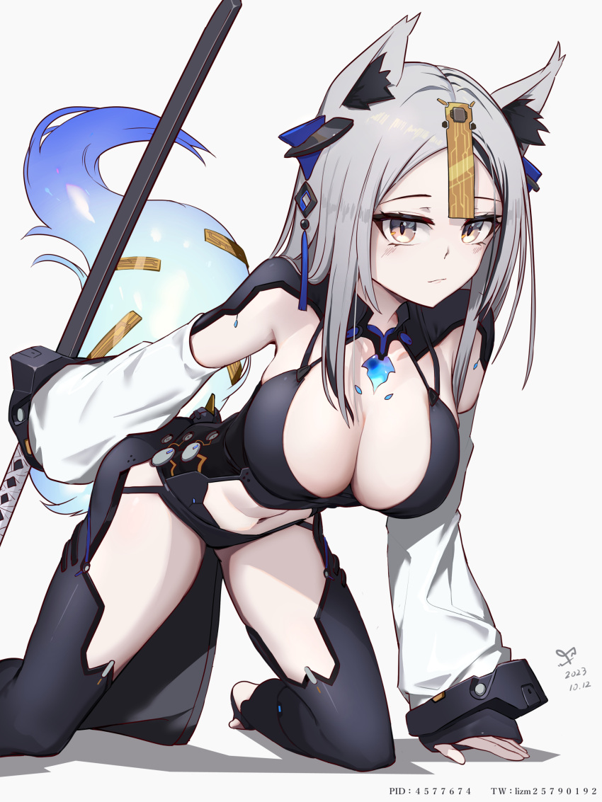 1girl absurdres all_fours animal_ear_fluff animal_ears black_hair blush breasts cleavage detached_sleeves fox_ears fox_girl fox_tail grey_hair highres holding holding_weapon large_breasts long_hair long_sleeves looking_at_viewer multicolored_hair navel original qiaogun_damodao simple_background solo stirrup_legwear streaked_hair tail toeless_legwear two-tone_hair very_long_hair weapon white_background yellow_eyes