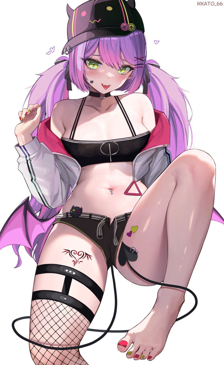 1girl absurdres bare_legs bare_shoulders barefoot baseball_cap belt bibi_(tokoyami_towa) black_choker black_headwear black_shirt black_shorts breasts choker collarbone crop_top cropped_jacket demon_girl demon_tail demon_wings facial_mark fake_horns feet fishnet_thighhighs fishnets foot_out_of_frame green_eyes hair_ornament hair_ribbon hairclip hand_up hat highres hololive horned_headwear horns jacket kkato leg_tattoo leg_up legs long_hair long_sleeves looking_at_viewer low_wings medium_breasts micro_shorts midriff multicolored_hair nail_polish navel navel_piercing off_shoulder open_clothes open_fly open_jacket open_mouth piercing purple_hair ribbon shirt shorts simple_background single_thighhigh sleeveless sleeveless_shirt smile solo spaghetti_strap stomach streaked_hair tail tattoo thigh_strap thighhighs thighs toenail_polish toenails toes tokoyami_towa tongue tongue_out tongue_piercing twintails very_long_hair virtual_youtuber white_background white_jacket wings x_hair_ornament