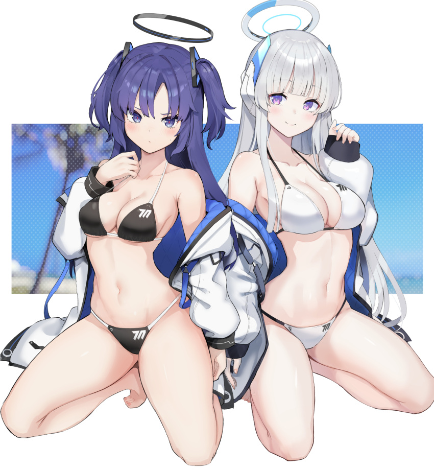 2girls alternate_costume bare_legs barefoot bikini black_bikini blue_archive breasts duplicate greyscale halo highres isegawa_yasutaka jacket large_breasts looking_at_viewer monochrome multiple_girls navel noa_(blue_archive) pixel-perfect_duplicate swimsuit thighs twintails white_background white_bikini white_jacket yuuka_(blue_archive)