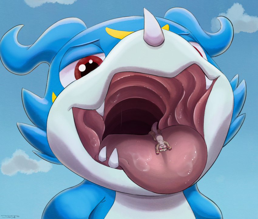 2021 bandai_namco bodily_fluids brown_body brown_fur digimon digimon_(species) featureless_crotch fur gaping_mouth hi_res imminent_vore lying macro male mammal micro micro_on_tongue mustelid on_back on_tongue open_mouth oral_vore otter saliva suddendraft tongue veemon vore wide_tongue