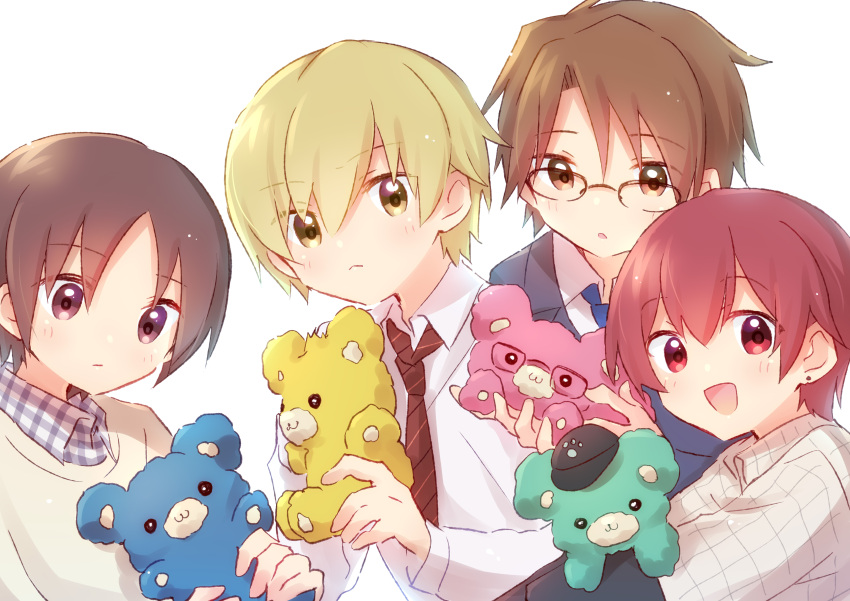 4boys :d absurdres blonde_hair blue_necktie brown_hair cool_doji_danshi earrings formal frown futami_shun glasses highres holding holding_stuffed_toy ichikura_hayate jewelry male_focus mima_takayuki multiple_boys necktie nyaa_(nnekoron) plaid red_hair school_uniform shirt simple_background smile souma_shiki stud_earrings stuffed_animal stuffed_toy suit teddy_bear white_background white_shirt