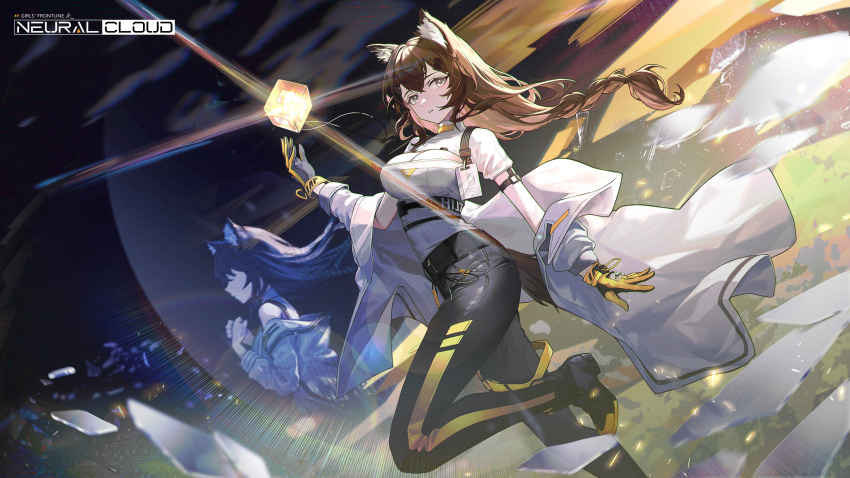 1girl absurdres animal_ears artist_request black_footwear black_pants blush breasts brown_hair check_artist coat commentary english_commentary girls'_frontline girls'_frontline_neural_cloud gloves grey_eyes hand_up highres lab_coat large_breasts long_hair long_sleeves looking_at_viewer multiple_views open_clothes open_coat pants parted_lips solo thighs turing_(neural_cloud) white_coat wu_lun_wujin yellow_gloves