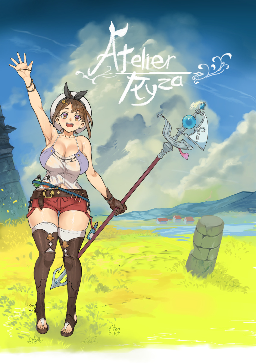 1girl absurdres atelier_(series) atelier_ryza atelier_ryza_1 blush breasts brown_eyes brown_hair cleavage cloud day gloves grass hair_ornament hairclip hat highres jewelry kaitsu_tokiyas large_breasts looking_at_viewer nature navel necklace on_grass open_mouth outdoors red_shorts reisalin_stout short_hair short_shorts shorts sky smile solo star_(symbol) thick_thighs thighhighs thighs waving white_headwear wide_hips