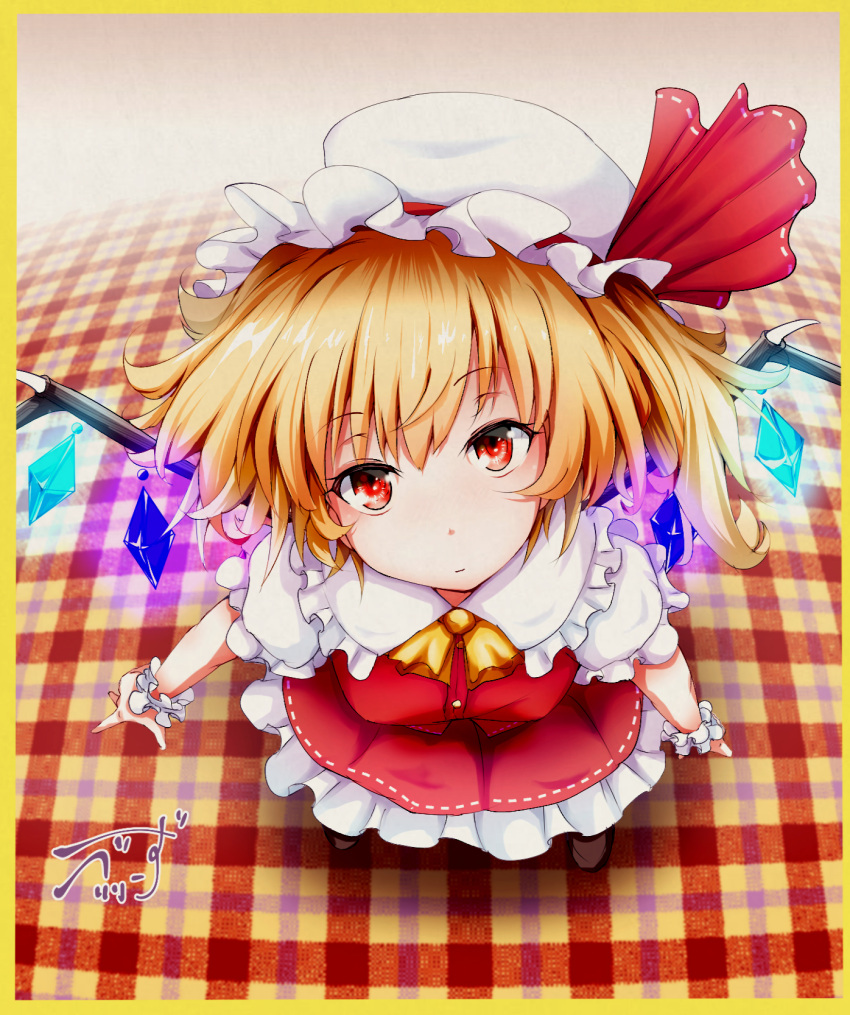 1girl ascot baileys_(tranquillity650) blonde_hair border brown_footwear closed_mouth collared_shirt fisheye flandre_scarlet foreshortening frilled_shirt_collar frilled_skirt frilled_sleeves frills from_above glowing glowing_wings hat hat_ribbon head_tilt highres looking_at_viewer medium_hair mob_cap multicolored_wings one_side_up puffy_short_sleeves puffy_sleeves red_eyes red_ribbon red_skirt red_vest ribbon shirt short_sleeves skirt skirt_set solo standing touhou vest white_headwear white_shirt wings wrist_cuffs yellow_ascot yellow_border