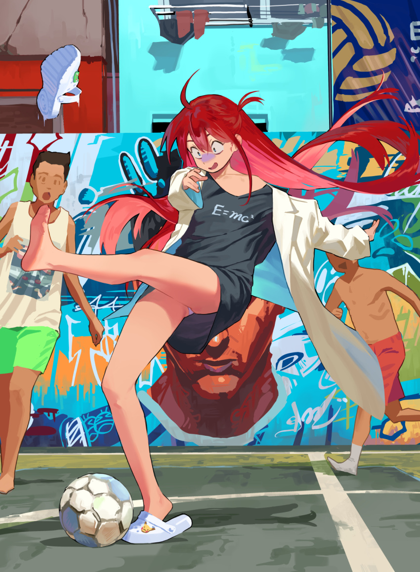 1girl 2boys ahoge ball bare_legs barefoot basketball_court black_shirt double-parted_bangs feet highres hipa_(some1else45) kicking lab_coat legs long_hair multiple_boys original panties red_hair shaded_face shirt side_ponytail sidelocks slippers soccer_ball soles some1else45 toes underwear very_long_hair white_footwear white_panties