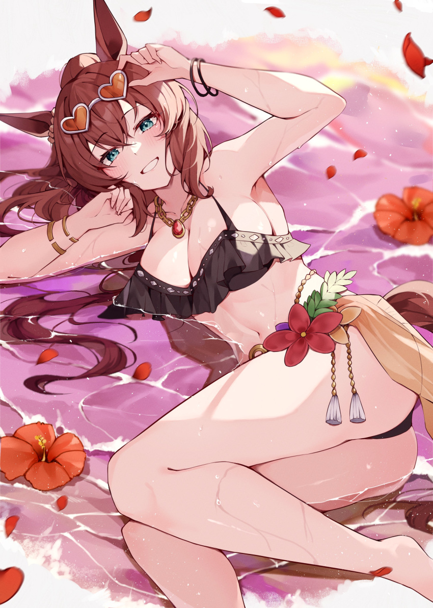 1girl absurdres adjusting_eyewear animal_ears barefoot bikini black_bikini blush breasts brown_hair cleavage eyewear_on_head feet_out_of_frame green_eyes grin heart heart-shaped_eyewear highres horse_ears horse_girl horse_tail jewelry large_breasts long_hair looking_at_viewer maruzensky_(blasting_off_summer_night)_(umamusume) maruzensky_(umamusume) misoni_(mi_so_ni_t) necklace official_alternate_costume official_alternate_hairstyle orange-tinted_eyewear parted_lips ponytail smile solo sunglasses swimsuit tail teeth tinted_eyewear umamusume wet white-framed_eyewear