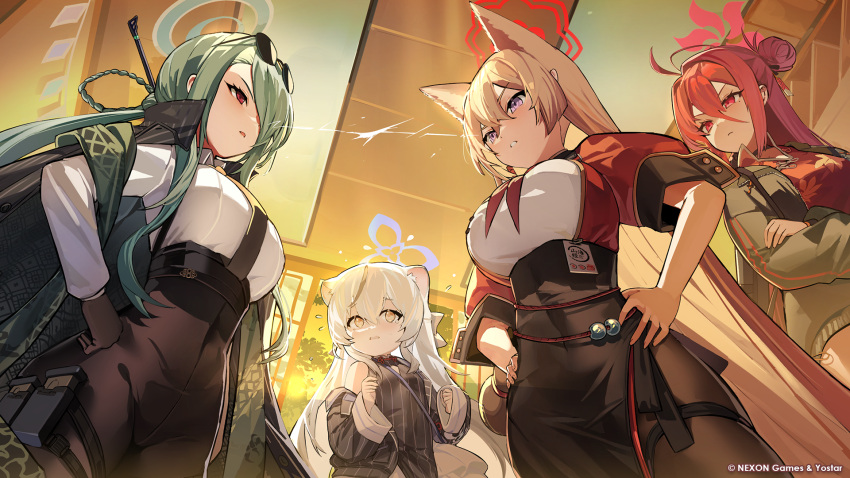 4girls ahoge animal_ear_fluff animal_ears black_dress black_gloves black_skirt blonde_hair blue_archive blush breasts chest_harness china_dress chinese_clothes coat coat_on_shoulders confrontation crossed_bangs dress eye_contact eyewear_on_head face-to-face fox_ears gloves green_hair hair_between_eyes hair_bun hair_ornament hair_over_one_eye halo hand_on_own_hip harness high-waist_pants highres holster indoors jacket kokona_(blue_archive) large_breasts lightning_glare long_hair long_sleeves looking_at_another mendou_kusai mina_(blue_archive) multicolored_hair multiple_girls official_art open_mouth pants pantyhose purple_eyes red_eyes red_hair reizyo_(blue_archive) rivalry rumi_(blue_archive) single_side_bun skirt small_breasts streaked_hair striped striped_jacket sunglasses thigh_holster tiger_ears vertical-striped_jacket vertical_stripes very_long_hair white_hair yellow_eyes