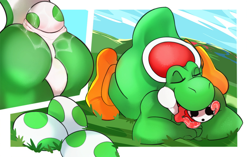 anthro bodily_fluids butt duo easter egg holidays lying male male/male mario_bros moonrick nintendo oviposition vore yoshi yoshi_(character)