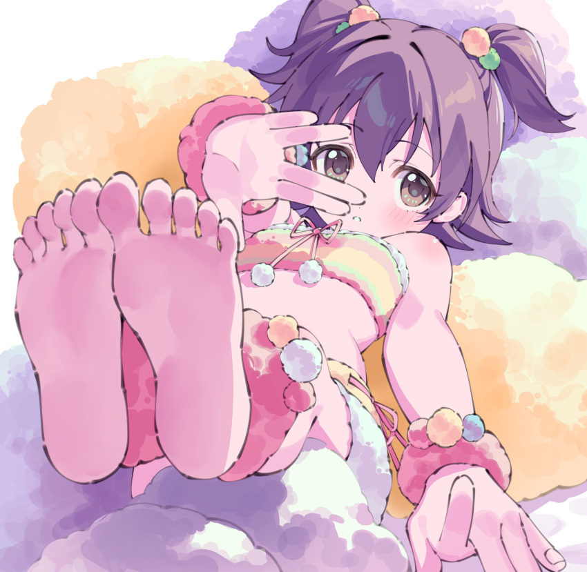 1girl absurdres akagi_miria barefoot black_hair blush breasts brown_eyes feet foreshortening full_body hair_between_eyes hair_bobbles hair_ornament highres idolmaster idolmaster_cinderella_girls looking_at_viewer lying on_back parted_lips short_hair small_breasts soles solo toes two_side_up yu1_na12