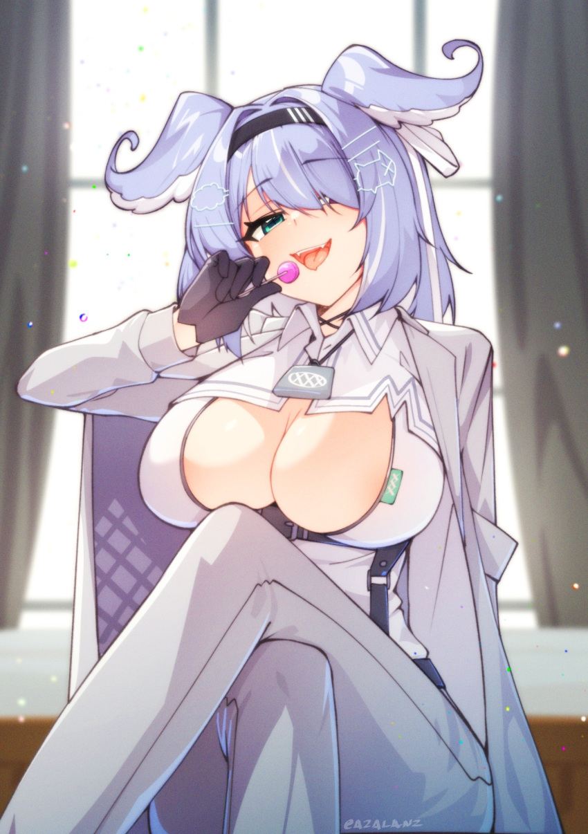1girl areola_slip black_gloves blue_hair bow breasts candy cleavage collared_shirt crossed_legs curtains day dragon_girl elira_pendora food gloves green_eyes hair_bow hair_intakes hair_ornament hair_over_one_eye hairband hairclip highres indoors jacket jewelry large_breasts medium_hair necklace nijisanji nijisanji_en open_clothes open_jacket open_mouth pants shirt smile solo tilt-shift_(azalanz) underbust window