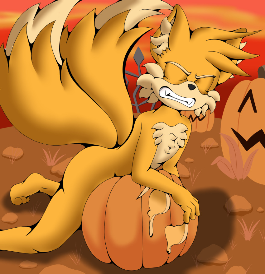 2_tails anthro barefoot canid canine chest_tuft clenched_teeth eyes_closed feet food food_fetish food_play fox foxkai fruit fur hi_res humping improvised_sex_toy inner_ear_fluff jack-o'-lantern male mammal miles_prower multi_tail nude plant pumpkin sega sky solo sonic_the_hedgehog_(series) tail tan_body tan_fur teeth tuft yellow_body yellow_fur