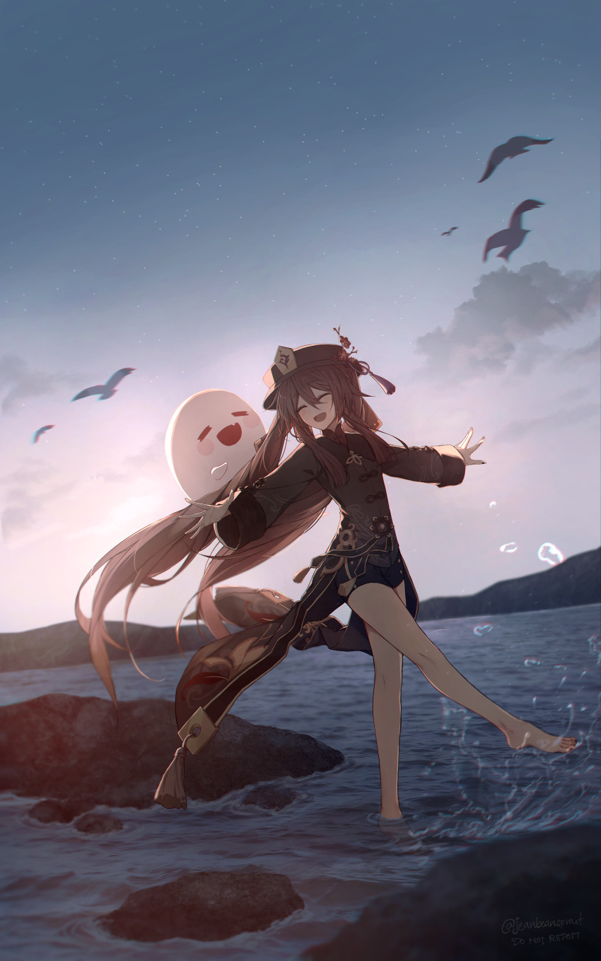 1girl :d absurdres backlighting bare_legs barefoot bird black_bird black_headwear black_nails black_shorts blurry blurry_foreground blush boo_tao_(genshin_impact) brooch brown_coat brown_flower brown_hair brown_shirt closed_eyes cloud coat coattails collared_coat collared_shirt english_commentary english_text evening facing_viewer flower full_body genshin_impact ghost gradient_sky hair_between_eyes hat hat_ornament high_collar highres hu_tao_(genshin_impact) jeanbeansprout jewelry lake long_hair long_sleeves mountainous_horizon no_shoes open_hands open_mouth outdoors outstretched_arms plum_blossoms porkpie_hat rock shirt shorts sky sleeves_past_wrists smile solo standing standing_on_one_leg star_(sky) starry_sky talisman tassel twintails twitter_username very_long_hair wading water wide_sleeves