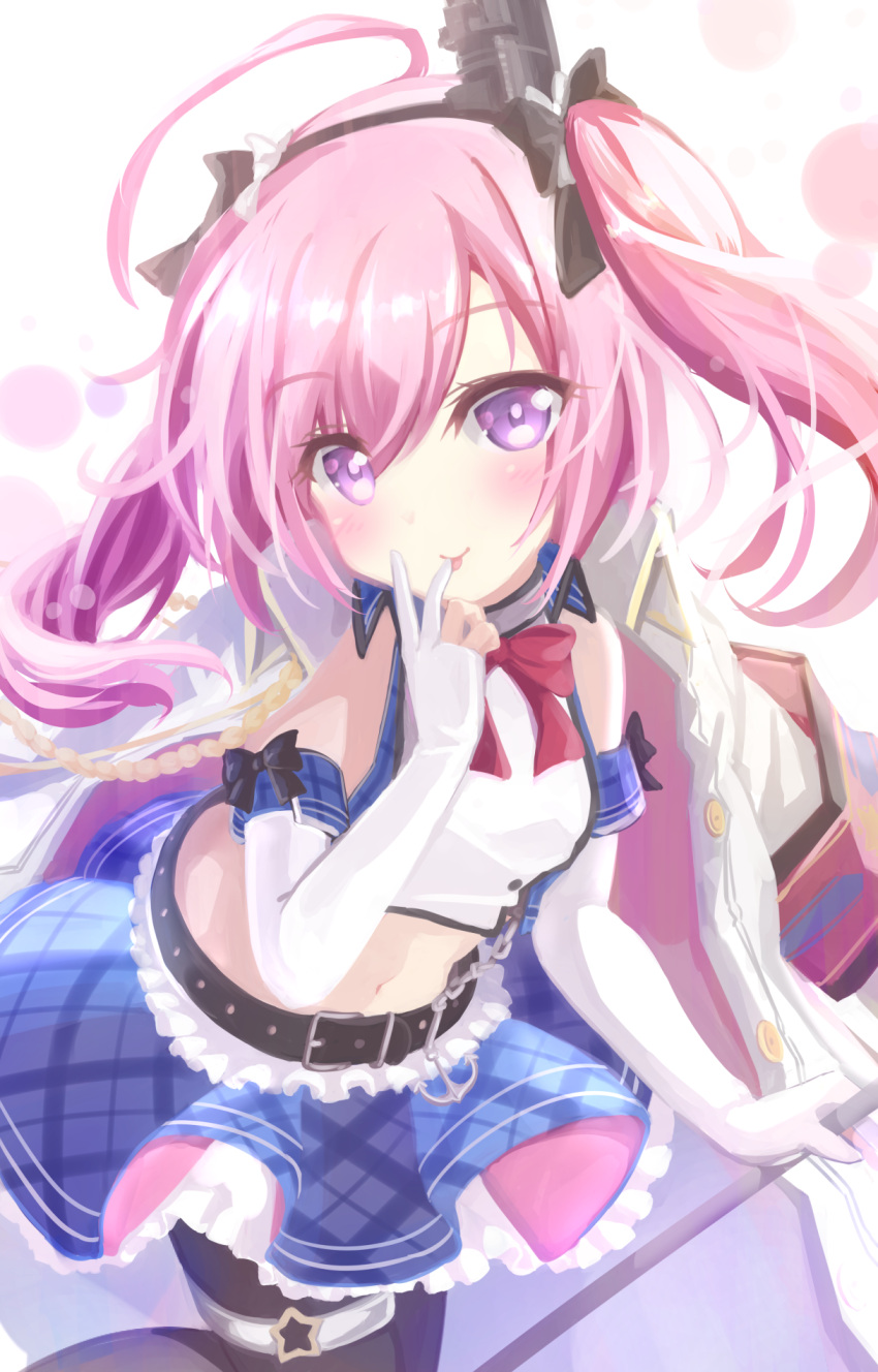 1girl :p ahoge azur_lane belt black_belt black_bow black_hairband black_pantyhose blue_skirt blush bow bowtie breasts buttons closed_mouth clothing_cutout coat coat_on_shoulders collared_shirt crop_top elbow_gloves eyelashes feet_out_of_frame finger_to_mouth fingerless_gloves frilled_skirt frills gloves hair_bow hairband hand_to_own_mouth hand_up head_tilt headgear highres holding long_hair looking_at_viewer midriff miniskirt navel_cutout open_clothes open_coat oyoyoyo pantyhose pink_hair plaid plaid_skirt purple_eyes red_bow red_bowtie saratoga_(azur_lane) shirt skirt sleeveless sleeveless_shirt small_breasts smile solo swept_bangs thigh_strap tongue tongue_out twintails white_coat white_gloves white_shirt