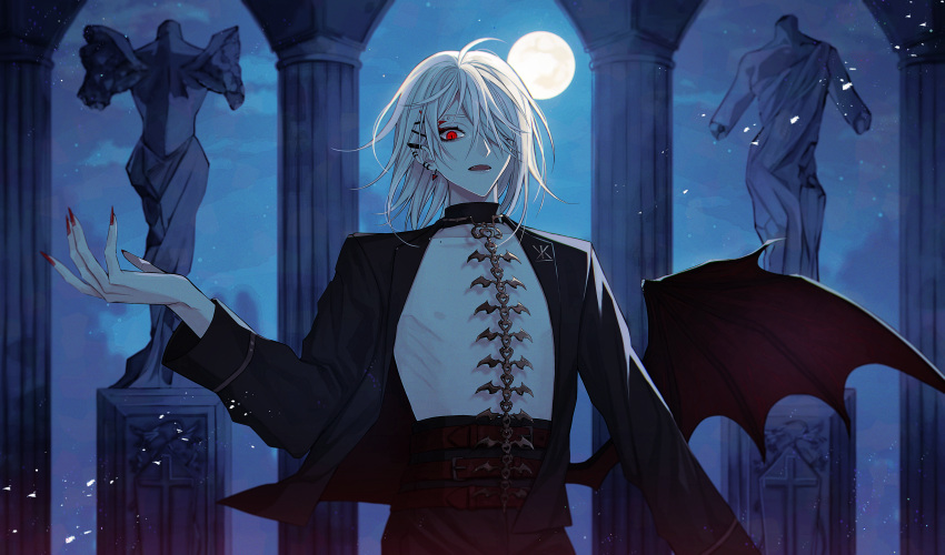 1boy absurdres anti-eyebrow_piercing bat_wings belt black_collar black_jacket black_pants chain chain_leash collar collarbone cowboy_shot cross ear_piercing earclip earrings fangs fingernails full_moon hair_ornament hair_over_one_eye hairclip high-waist_pants highres jacket jewelry kuzuha_(nijisanji) lapels leash light_particles long_sleeves looking_at_viewer male_focus medium_hair mole mole_on_collarbone mole_under_eye moon multiple_belts night nijisanji nipples no_shirt open_clothes open_jacket pants peaked_lapels piercing pillar pointy_ears red_belt red_eyes red_nails ribs sharp_fingernails single_wing slit_pupils solo spine statue vampire virtual_youtuber wabiawabi white_hair wings