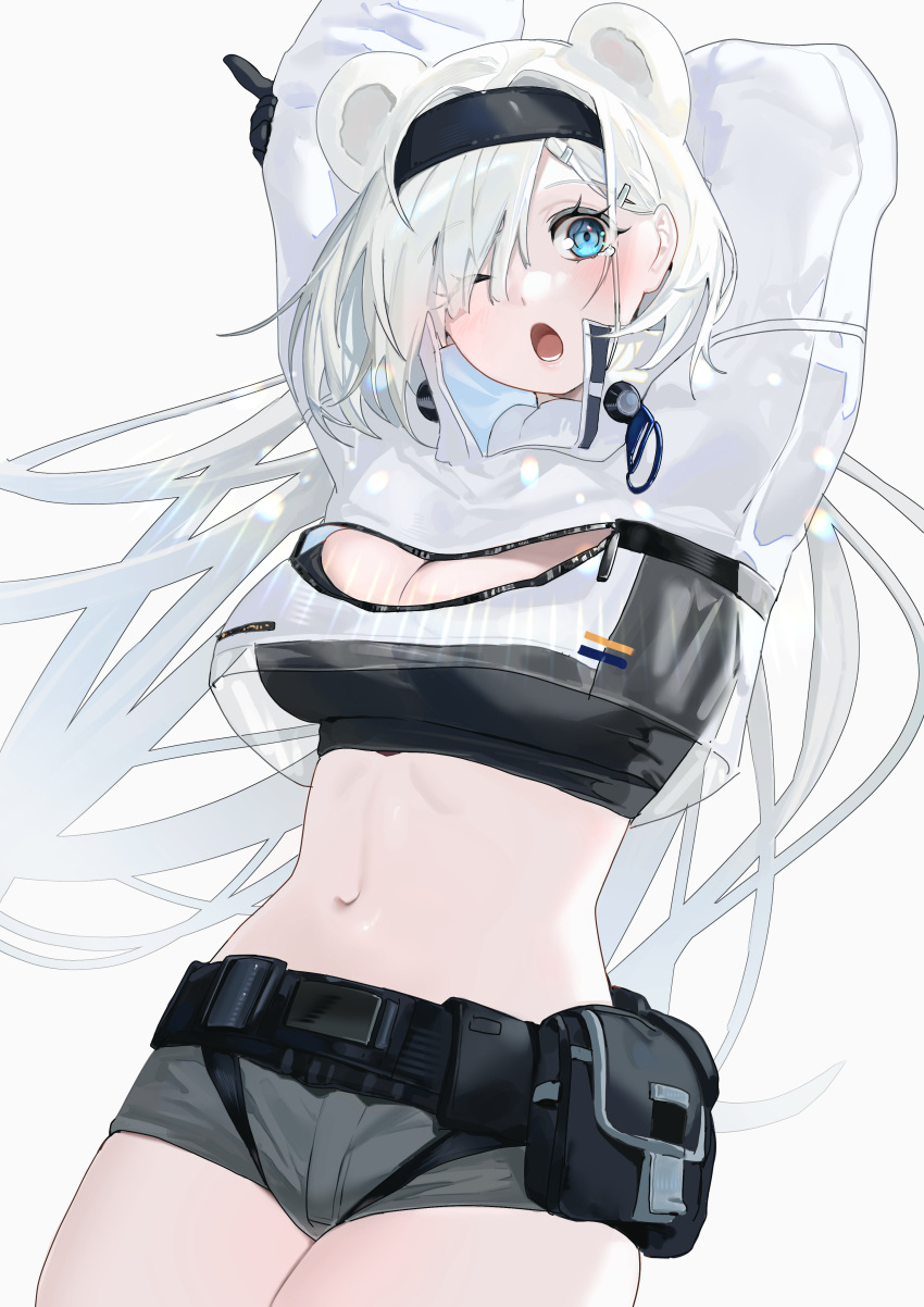 1girl absurdres animal_ears arknights arms_up aurora_(arknights) bear_ears belt black_belt black_hairband black_shirt blue_eyes breasts cleavage cleavage_cutout clothing_cutout commentary_request cowboy_shot crop_top cropped_jacket grey_background grey_shorts hairband highres jacket large_breasts long_hair looking_at_viewer mare_funo midriff navel one_eye_closed open_mouth pouch shirt short_shorts shorts simple_background solo standing stomach very_long_hair white_hair white_jacket