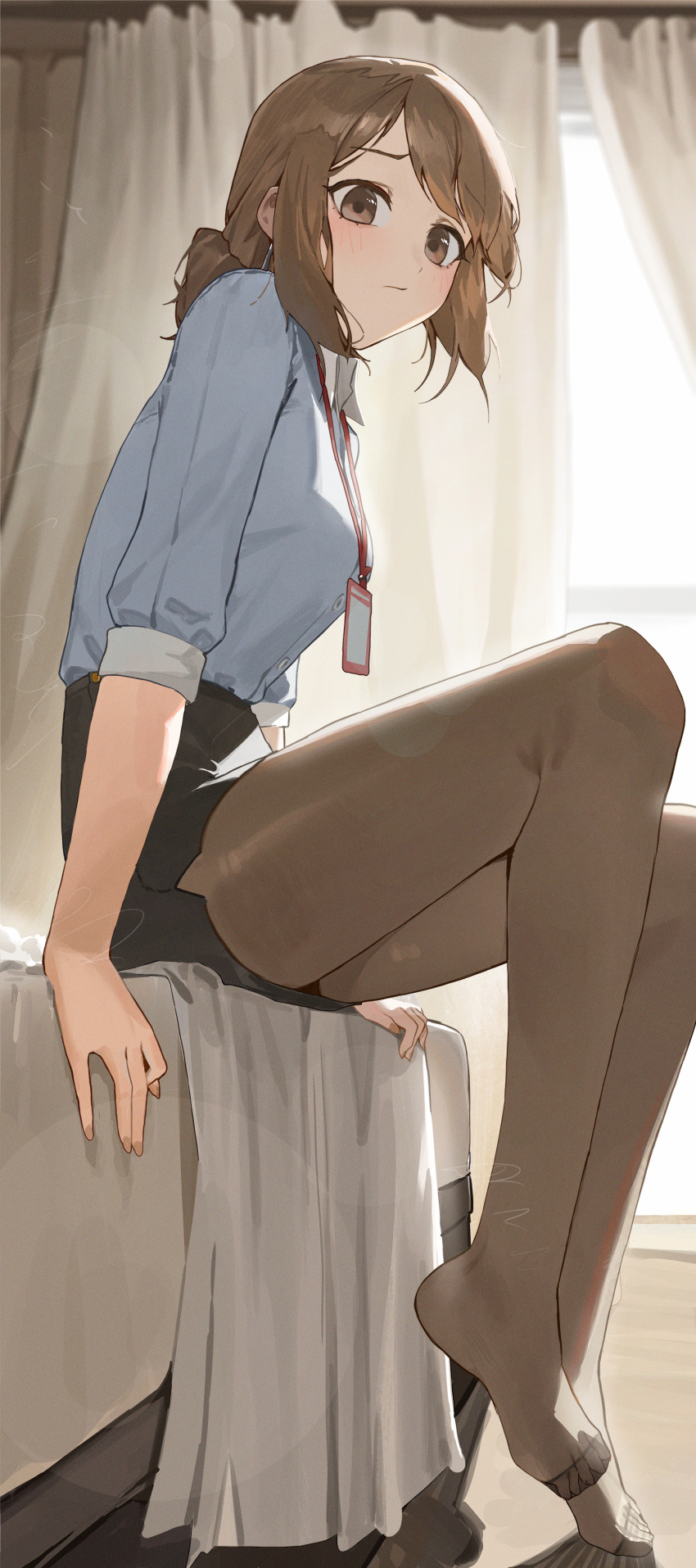 1girl absurdres arm_support black_skirt blue_shirt brown_hair brown_pantyhose curtains douki-chan_(douki-chan) ganbare_douki-chan highres indoors kji_(rozo) lanyard looking_at_viewer pantyhose ponytail shirt sitting skirt solo toes