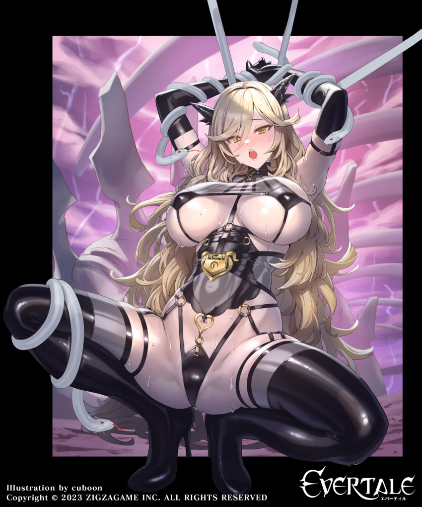 1girl animal blonde_hair breasts commentary_request cuboon evertale hair_ornament highres large_breasts leotard loki_(evertale) long_hair official_art open_mouth restrained simple_background snake solo squatting sweat sweatdrop underboob yellow_eyes