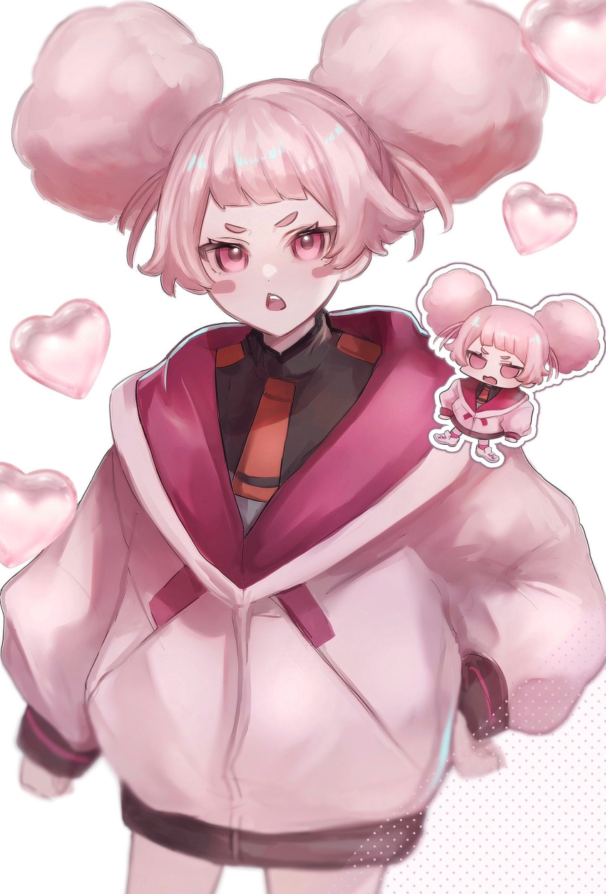 1girl 2u444 absurdres afro_puffs annoyed asticassia_school_uniform blush chuatury_panlunch clenched_hand green_jacket gundam gundam_suisei_no_majo hand_on_own_hip head_tilt heart highres hood hood_down hoodie jacket open_mouth pink_eyes pink_footwear pink_hoodie school_uniform shoes sneakers solo_focus v-shaped_eyebrows white_background