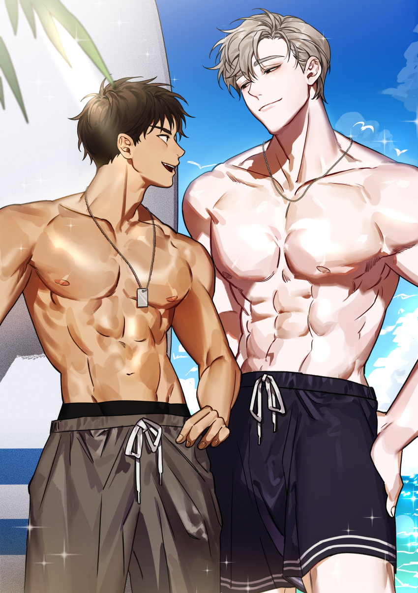 1blgs 2boys abs absurdres bara beach black_hair black_male_swimwear dark-skinned_male dark_skin dog_tags eye_contact feet_out_of_frame grey_hair grey_male_swimwear height_difference highres ilay_riegrow jeong_taeui large_pectorals looking_at_another male_focus male_swimwear multiple_boys muscular muscular_male navel nipples passion_(manhwa) pectorals shiny_skin short_hair smile sparkling_aura standing stomach swim_trunks swimsuit swimsuit_under_swimsuit thick_eyebrows v-taper water yaoi