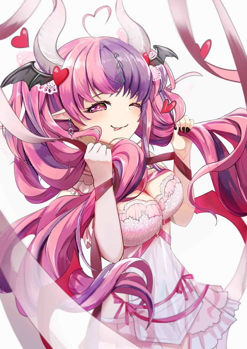 1girl ;) ;p absurdres ahoge belt black_nails breasts chest_belt cleavage demon_girl demon_horns demon_wings dress hair_ornament head_wings heart heart_ahoge heart_hair_ornament highres holding holding_own_hair horns ironmouse ironmouse_(demon_form) large_breasts looking_at_viewer low_wings nail_polish one_eye_closed pink_belt pink_ribbon pink_skirt ribbon seraa_n012 skirt smile solo tongue tongue_out twintails virtual_youtuber vshojo white_dress wings