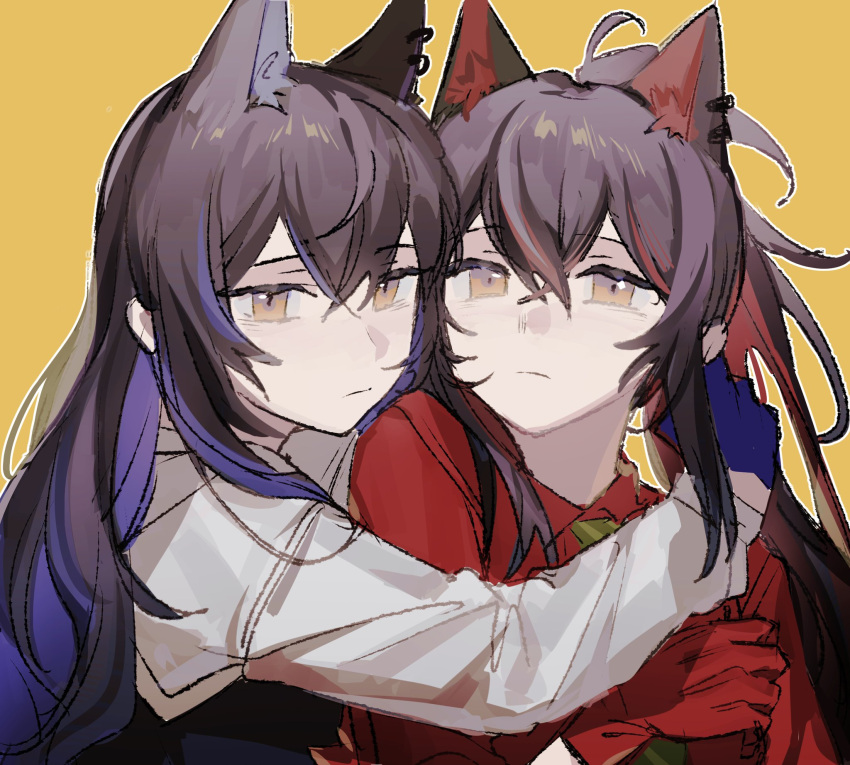 2girls animal_ear_fluff animal_ears arknights black_hair blue_hair brown_eyes closed_mouth colored_inner_hair ear_piercing gloves hair_between_eyes highres jsjdndhidnshssj long_hair long_sleeves looking_at_viewer multicolored_hair multiple_girls piercing red_hair texas_(arknights) wolf_ears