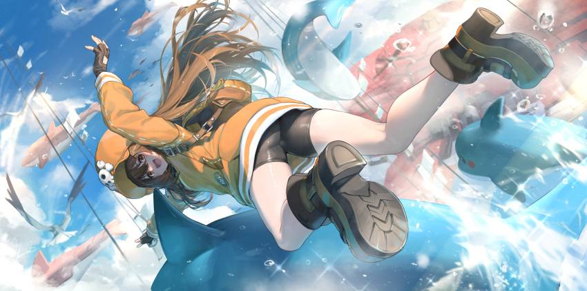 1girl 1other arm_up ass backpack bag bike_shorts bird black_gloves black_shorts boots brown_eyes brown_footwear brown_hair cloud dolphin fingerless_gloves from_behind gloves guilty_gear guilty_gear_strive hat highres legs long_hair looking_back may_(guilty_gear) observerz open_mouth orange_headwear orange_shirt outdoors riding shirt shorts sky smile thighs