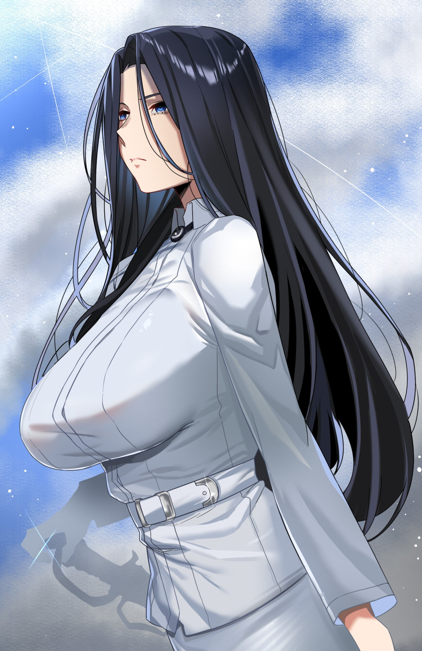 1girl absurdres belt_buckle breasts buckle hand_on_hilt highres invincible_dragon_(last_origin) jacket large_breasts last_origin long_hair rhlatm silhouette skirt solo straight_hair taut_clothes upper_body very_long_hair white_jacket white_skirt