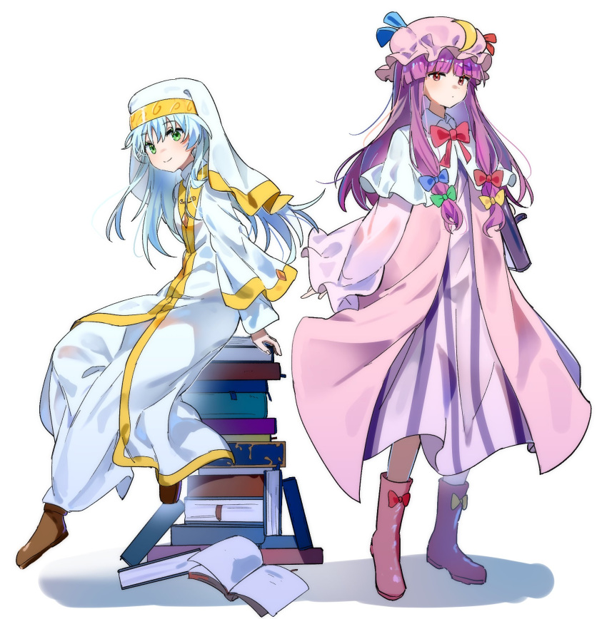 2girls blue_hair book book_stack boots bow brown_footwear capelet closed_mouth commentary crescent crescent_hat_ornament crossover dress footwear_bow full_body green_eyes habit hair_bow hat_ornament highres index_(toaru_majutsu_no_index) long_hair looking_at_viewer maisuiren multiple_girls patchouli_knowledge pink_headwear purple_dress purple_eyes purple_footwear purple_hair sidelocks simple_background sitting smile standing striped striped_dress toaru_majutsu_no_index touhou vertical-striped_dress vertical_stripes white_background white_capelet
