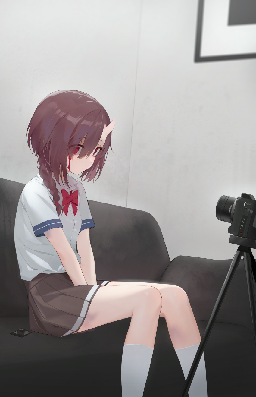 1girl absurdres blood bow braid brown_hair camera eyes_visible_through_hair highres horns indoors long_hair milim_nova oni_horns original pleated_skirt red_bow red_eyes school_uniform shirt single_braid single_horn sitting skirt solo tripod white_shirt